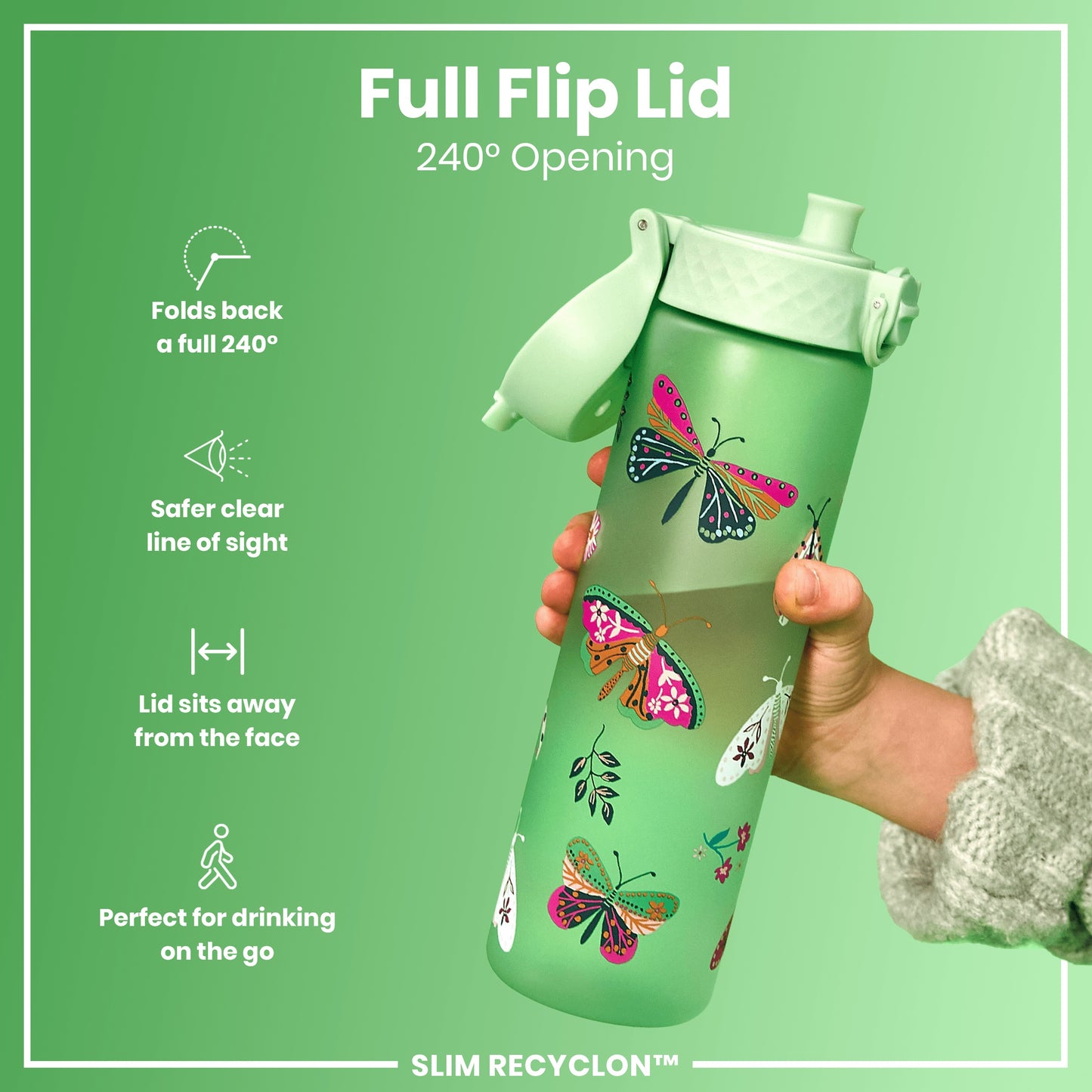 Leak Proof Slim Water Bottle, Recyclon, Wild Butterfly, 500ml (18oz)