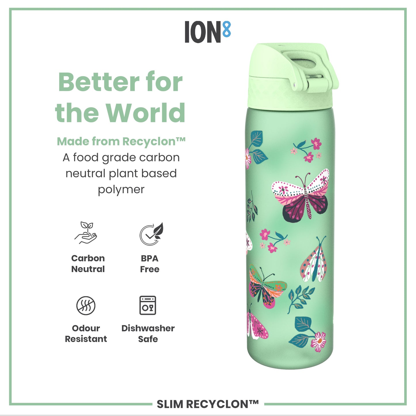 Leak Proof Slim Water Bottle, Recyclon, Wild Butterfly, 500ml (18oz)