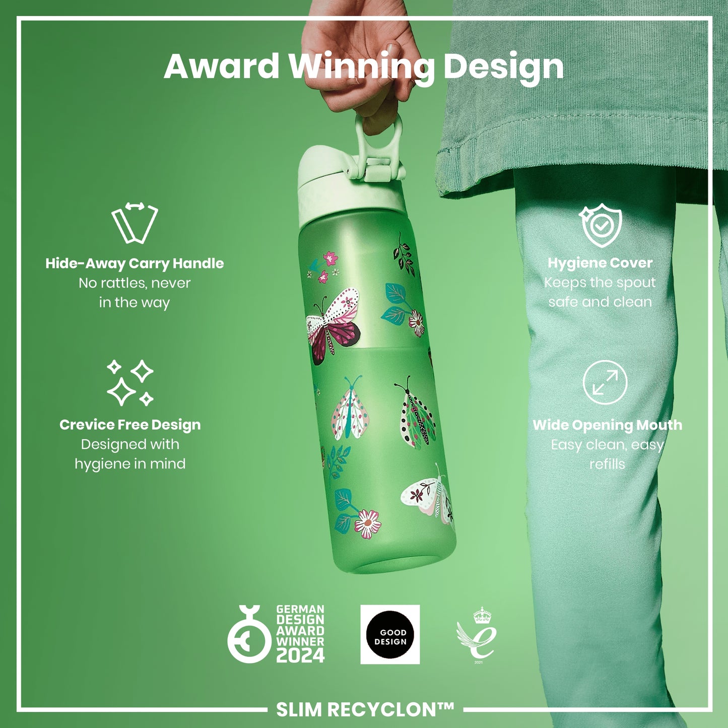 Leak Proof Slim Water Bottle, Recyclon, Wild Butterfly, 500ml (18oz)