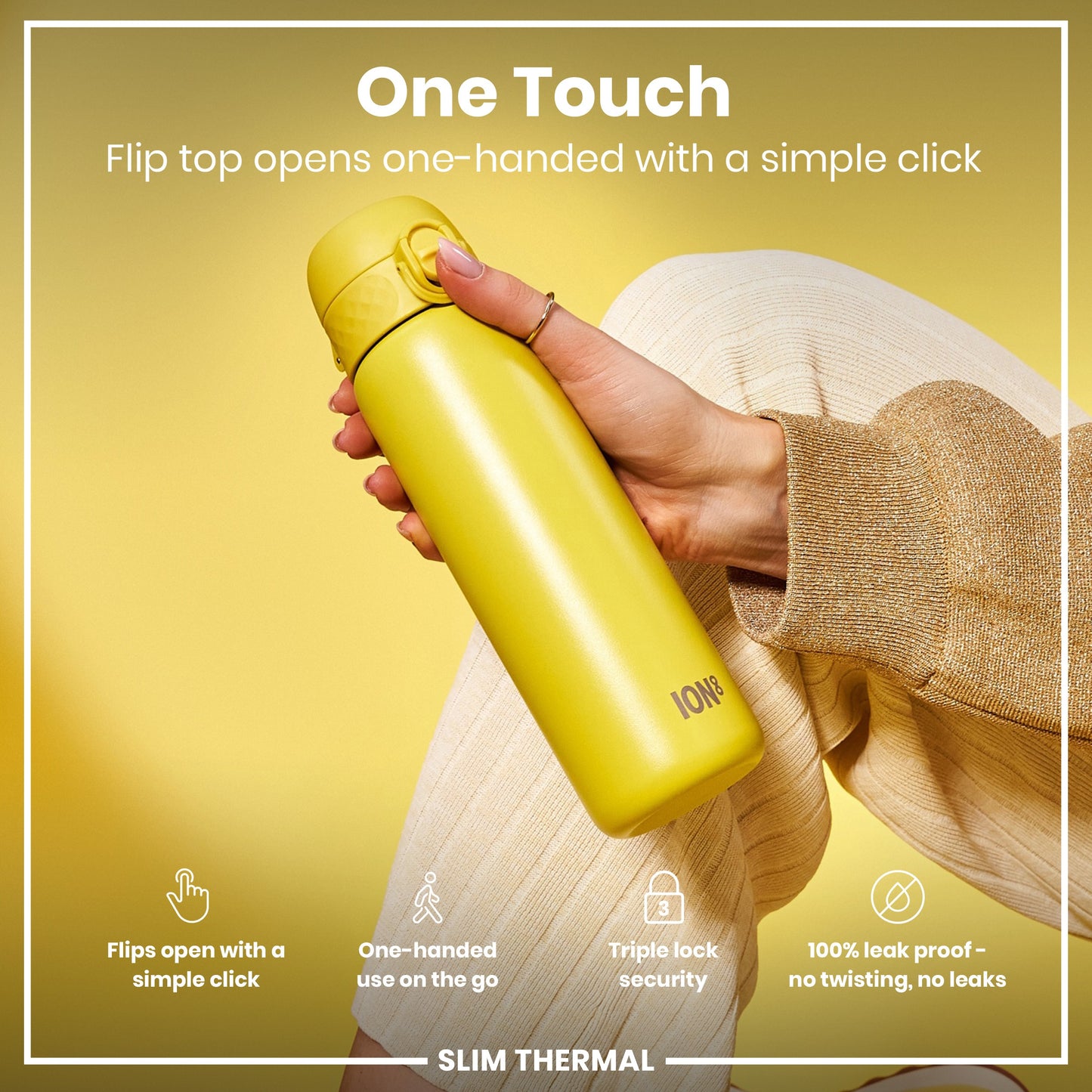 Leak Proof Slim Thermal Steel Water Bottle, Insulated, Yellow, 500ml (17oz)