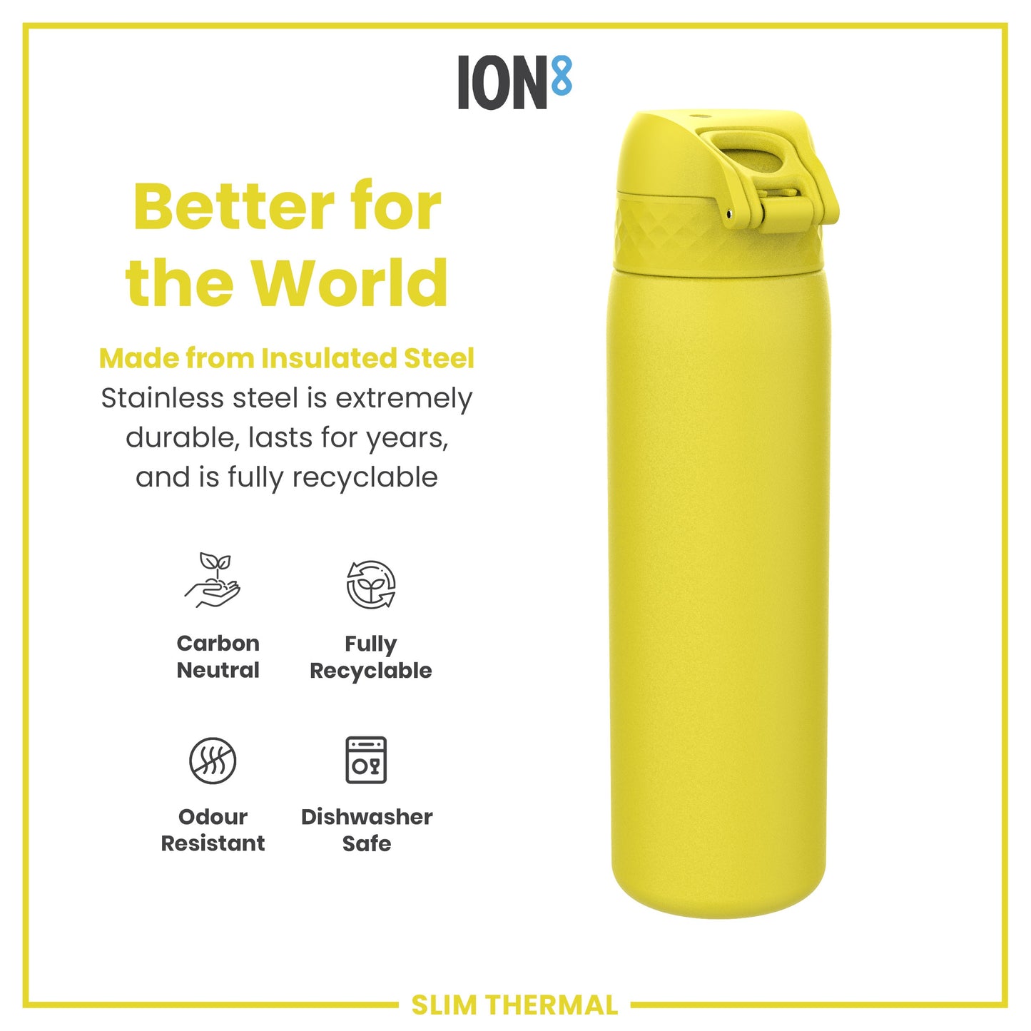 Leak Proof Slim Thermal Steel Water Bottle, Insulated, Yellow, 500ml (17oz)