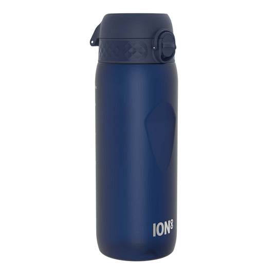 A dark-blue ION8 water bottle sits against a white background. The bottle is upright. The brand name is visible.