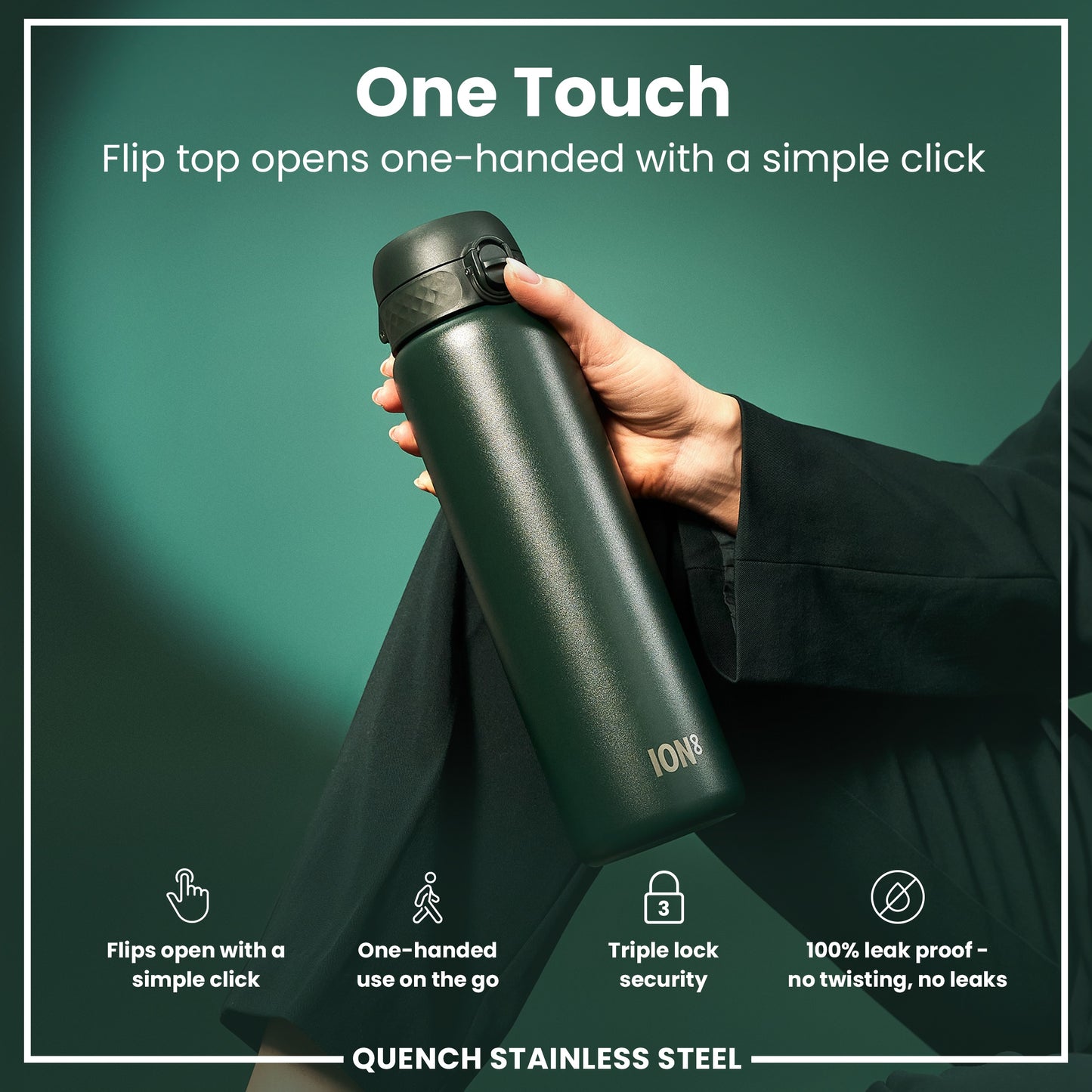 Leak Proof 1 Litre Water Bottle, Stainless Steel, Dark Green, 1L