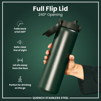 Leak Proof 1 Litre Water Bottle, Stainless Steel, Dark Green, 1L