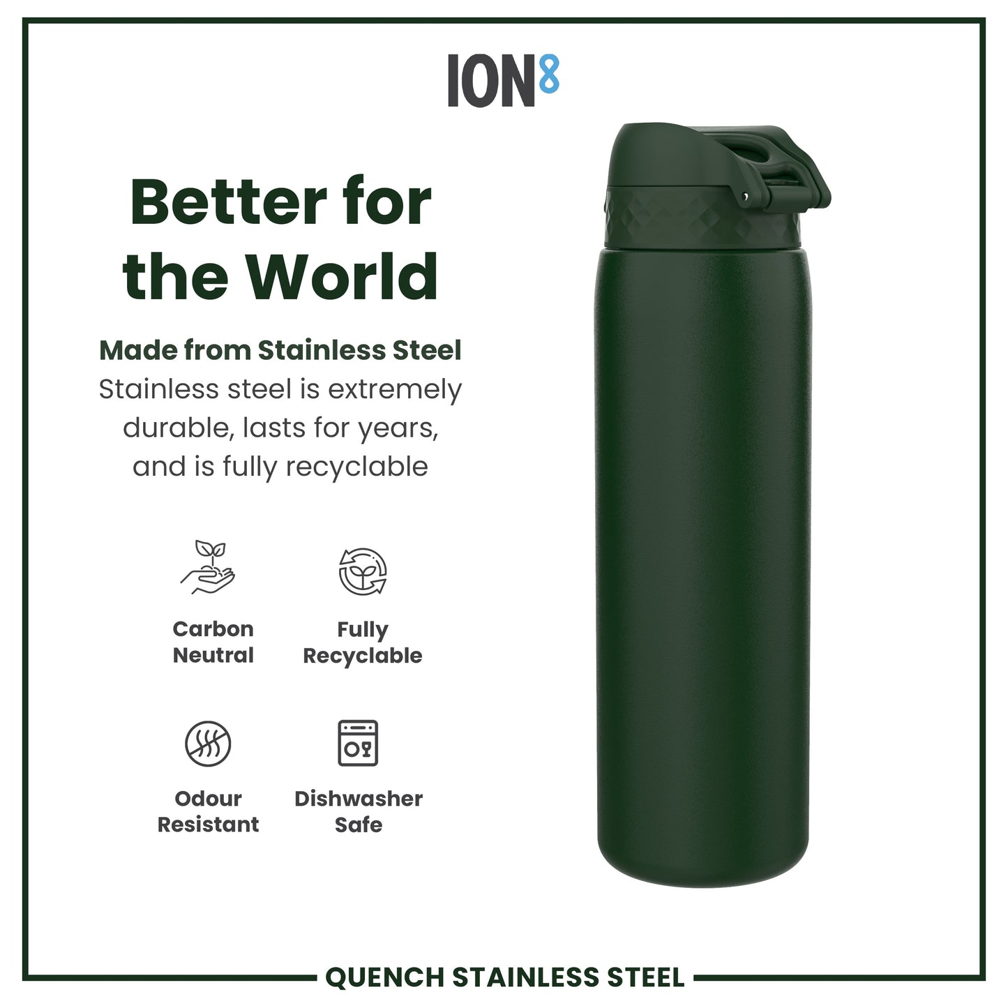 Leak Proof 1 Litre Water Bottle, Stainless Steel, Dark Green, 1L