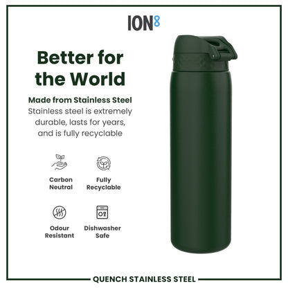 Leak Proof 1 Litre Water Bottle, Stainless Steel, Dark Green, 1L