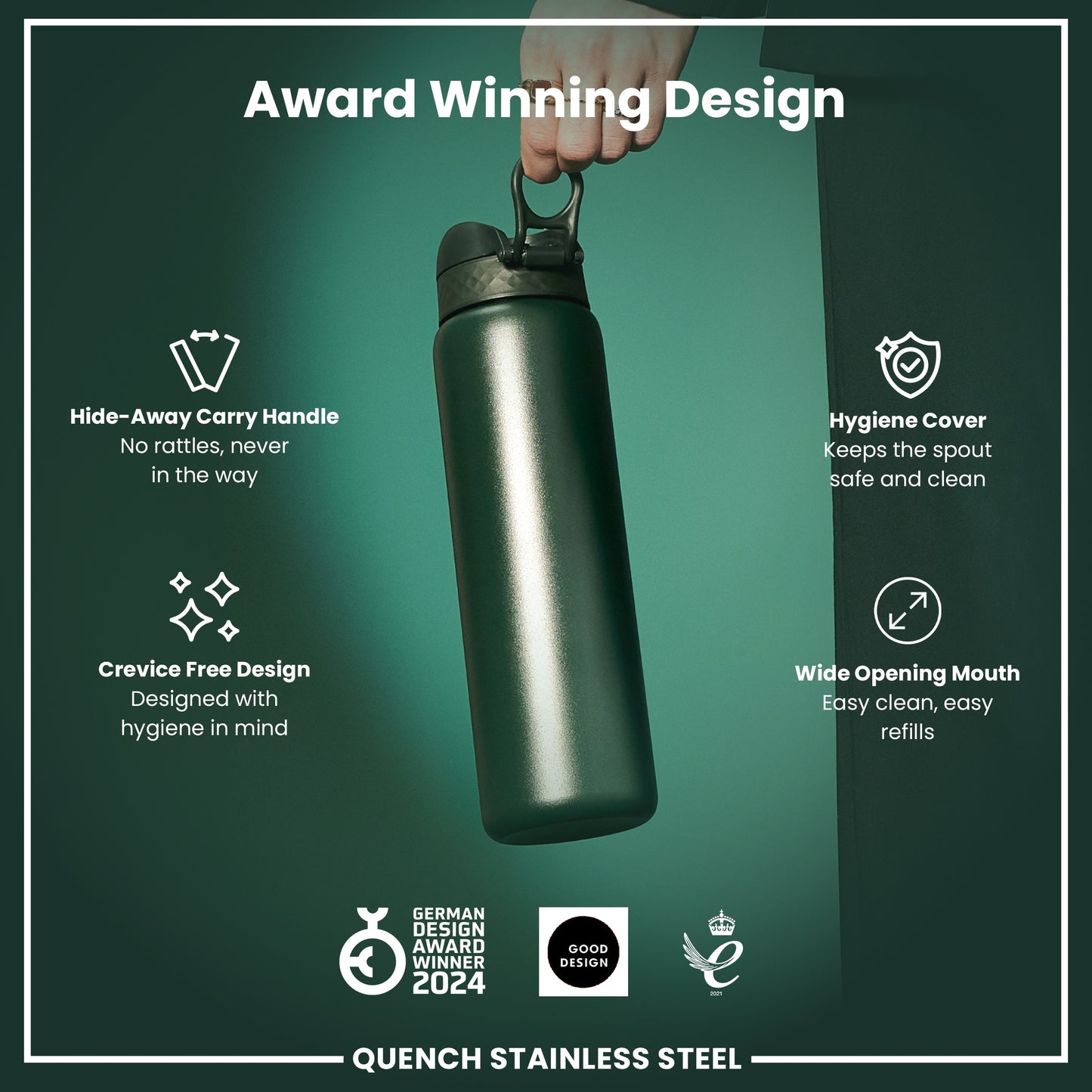 Leak Proof 1 Litre Water Bottle, Stainless Steel, Dark Green, 1L