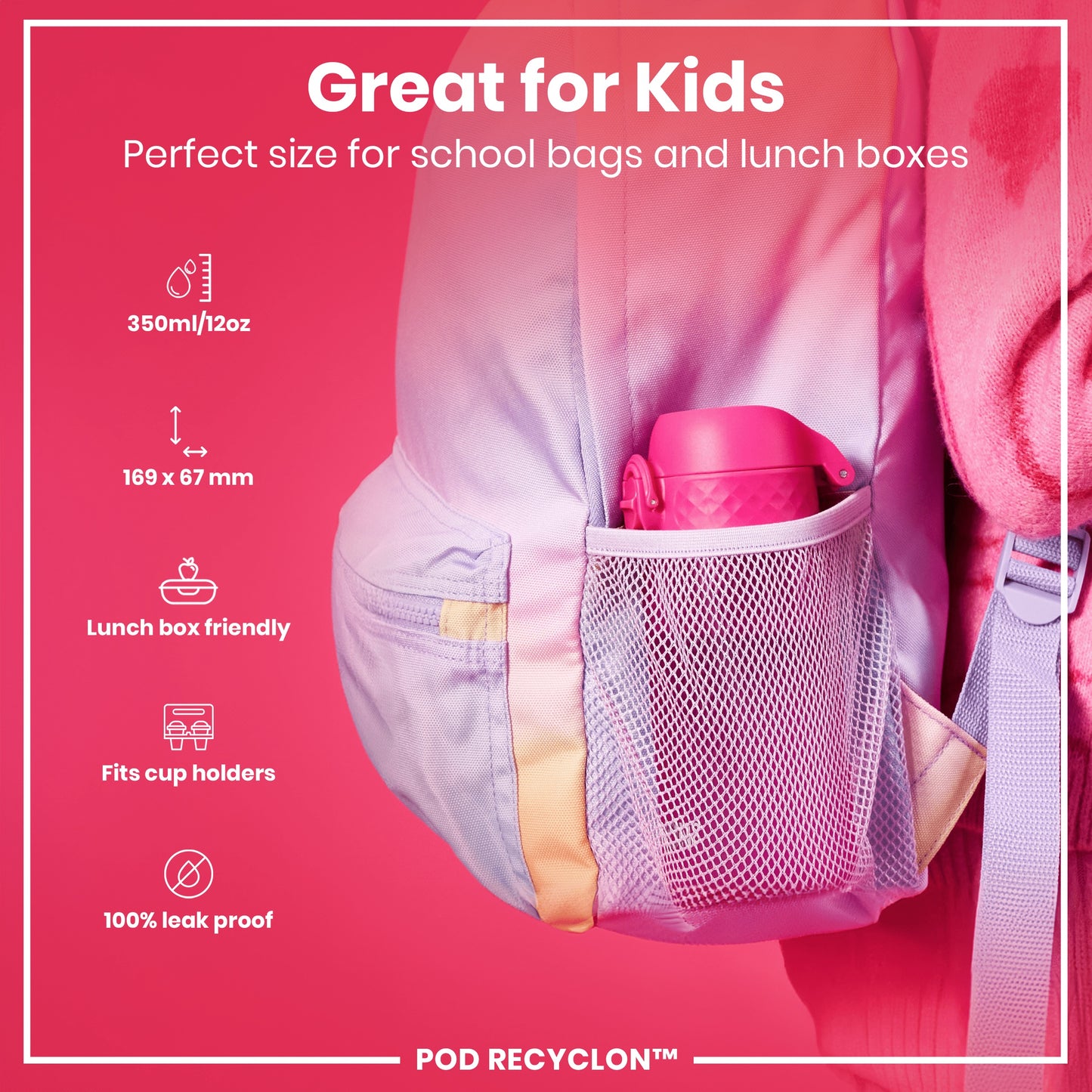 Leak Proof Kids Water Bottle, Recyclon, Pink, 350ml (12oz)