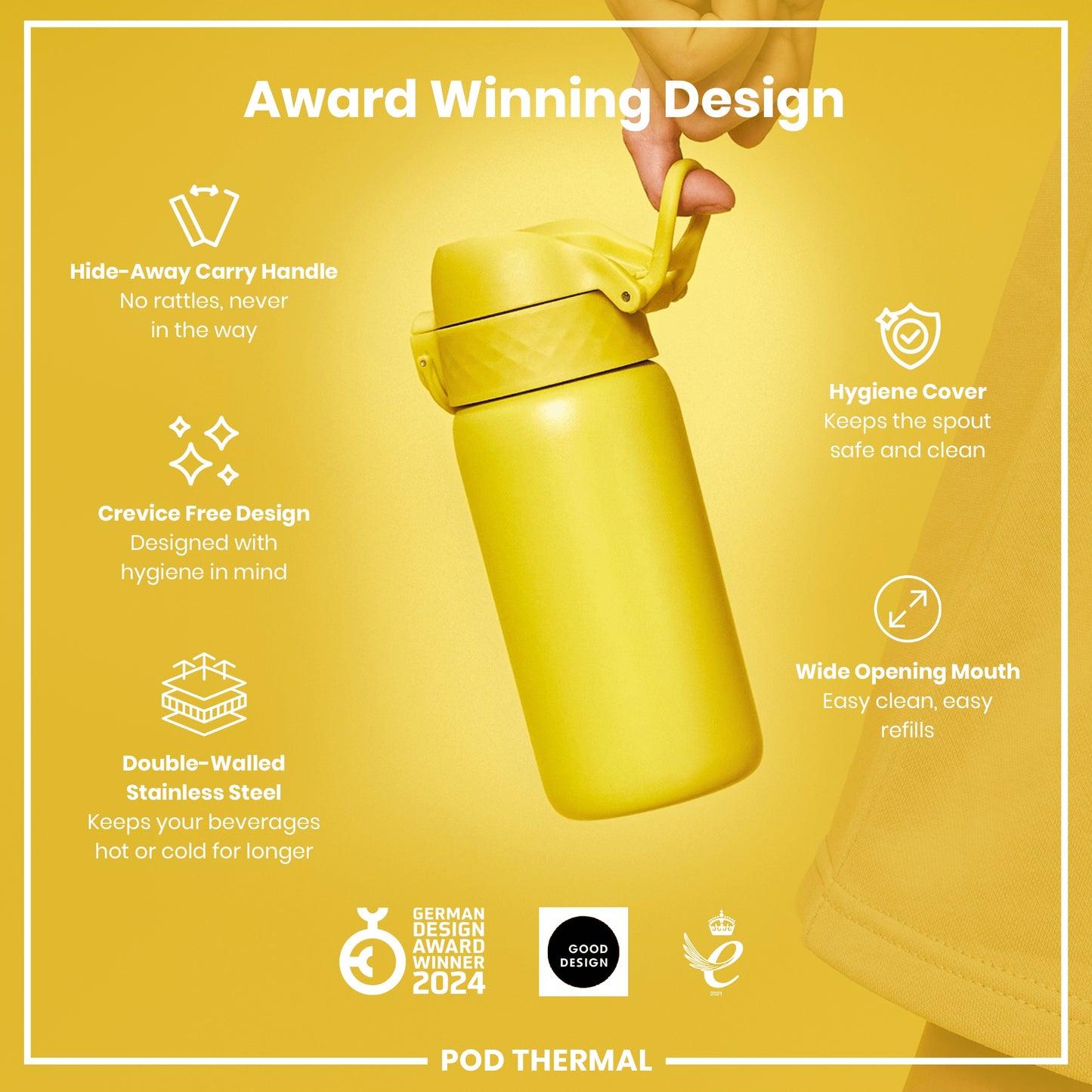 Leak Proof Thermal  Water Bottle, Insulated Steel, Yellow, 320ml (11oz)