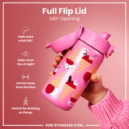 A pink stainless steel water bottle, featuring an ice cream design, is being held; its full flip lid, offering a 240° opening, is shown. The bottle is displayed against a pink background. The text reads "Full Flip Lid 240° Opening", "Folds back a full 240°", "Safer clear line of sight", "Lid sits away from the face", "Perfect for drinking on the go", and "POD STAINLESS STEEL".