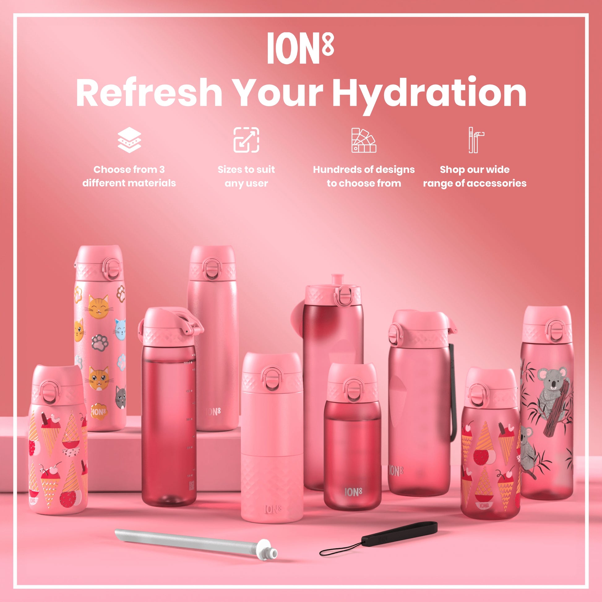 Pink ION8 water bottles, various sizes and designs, are displayed on a pink background. "Refresh Your Hydration" is prominently featured. Options for materials, sizes, and accessories are also listed.