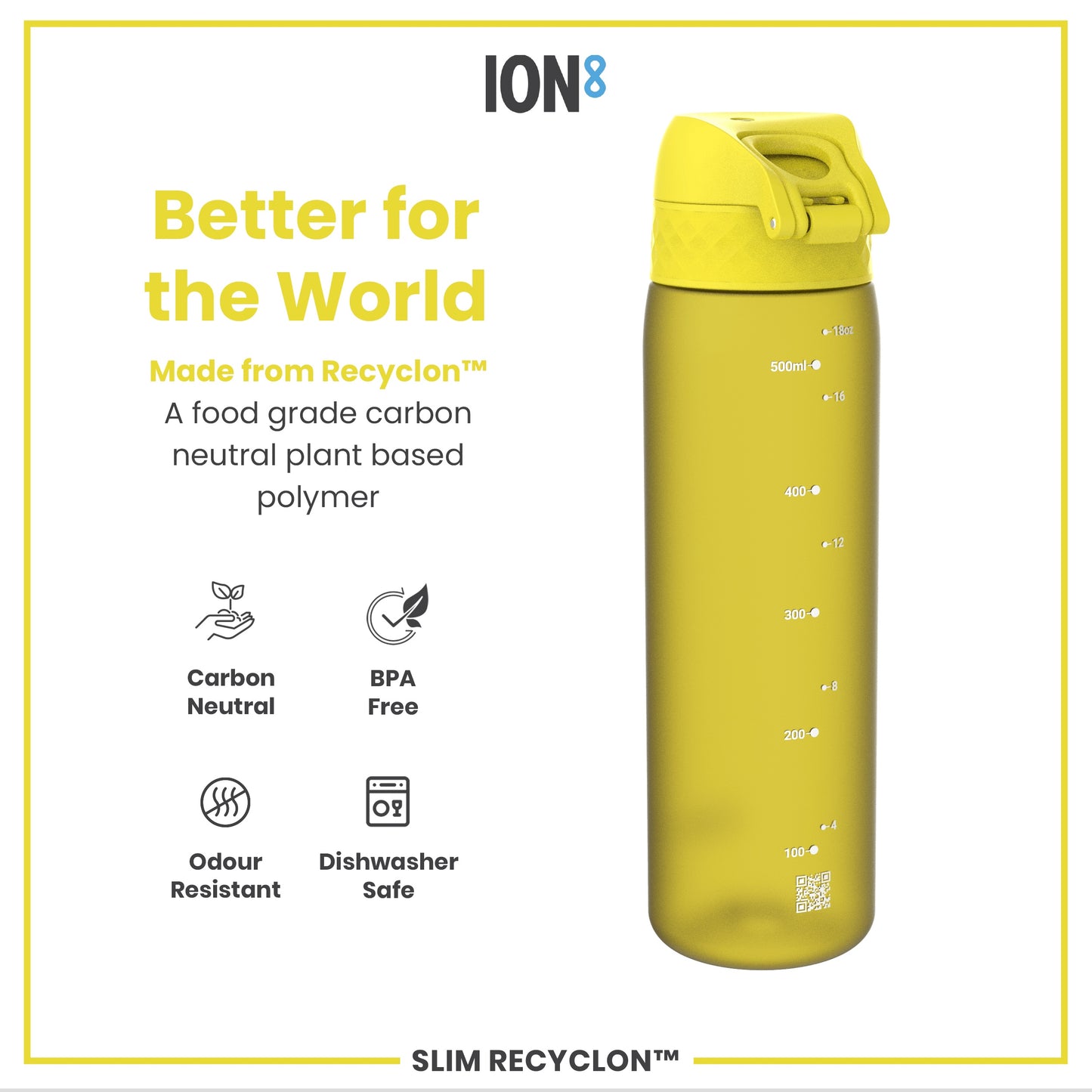 Leak Proof Slim Water Bottle, Recyclon, Yellow, 500ml (18oz)