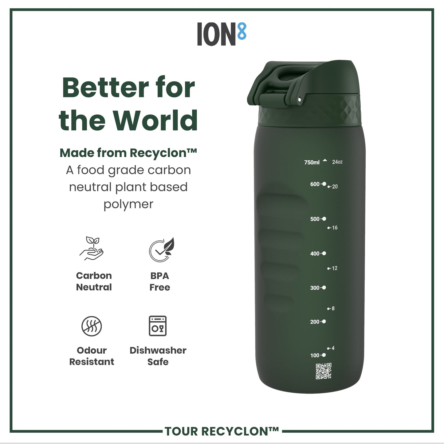 Leak Proof Water Bottle, Recyclon, Dark Green, 750ml (24oz)