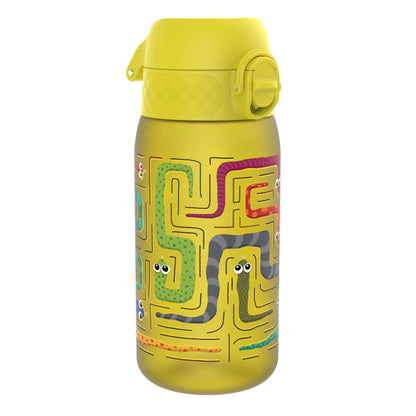 A yellow water bottle, featuring a maze design with colorful snakes, sits on a white background.