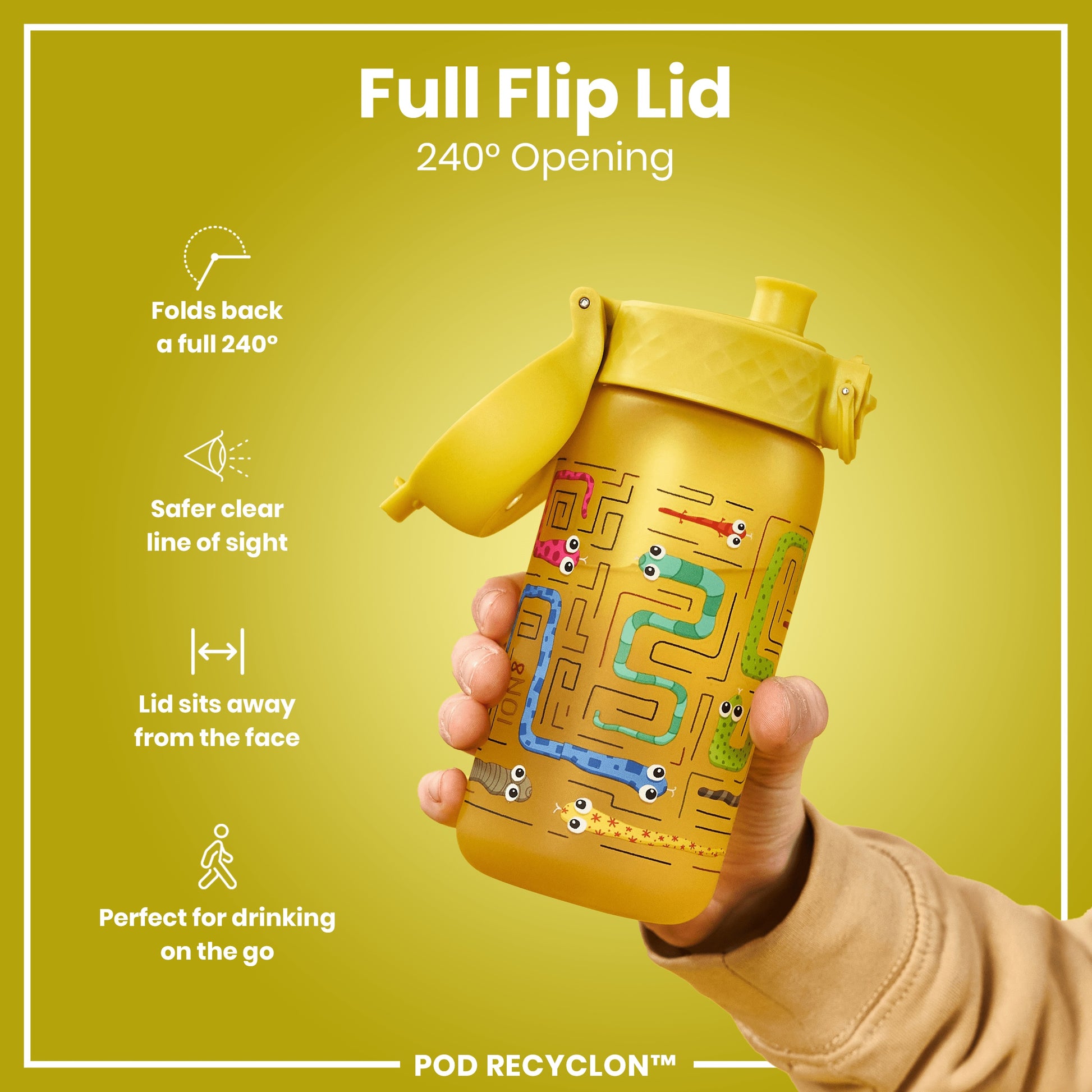 A yellow water bottle, with a full 240° flip lid, is held in a hand. The bottle features a maze design with cartoon snakes. The lid's design ensures a safer drinking experience. POD RECYCLON™