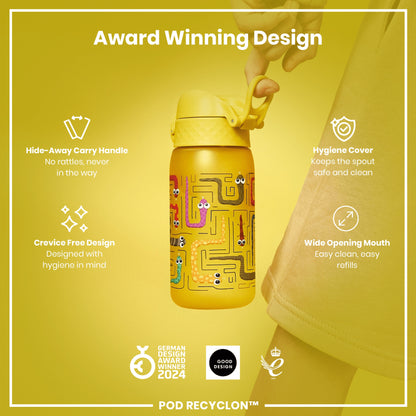 A yellow water bottle, featuring a maze design and a hide-away handle, is being held against a yellow background. The bottle boasts a crevice-free design and wide mouth for easy cleaning and refills. Award logos are displayed below.