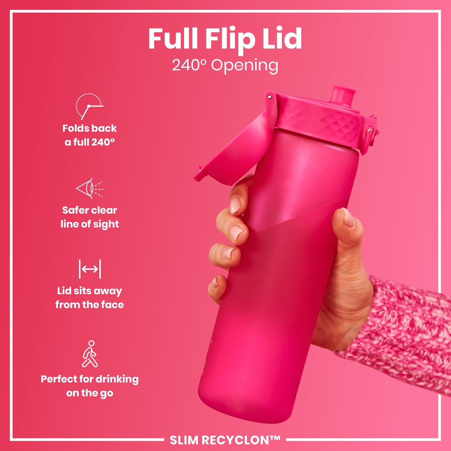 Leak Proof Slim Water Bottle, Recyclon, Pink, 500ml (18oz)