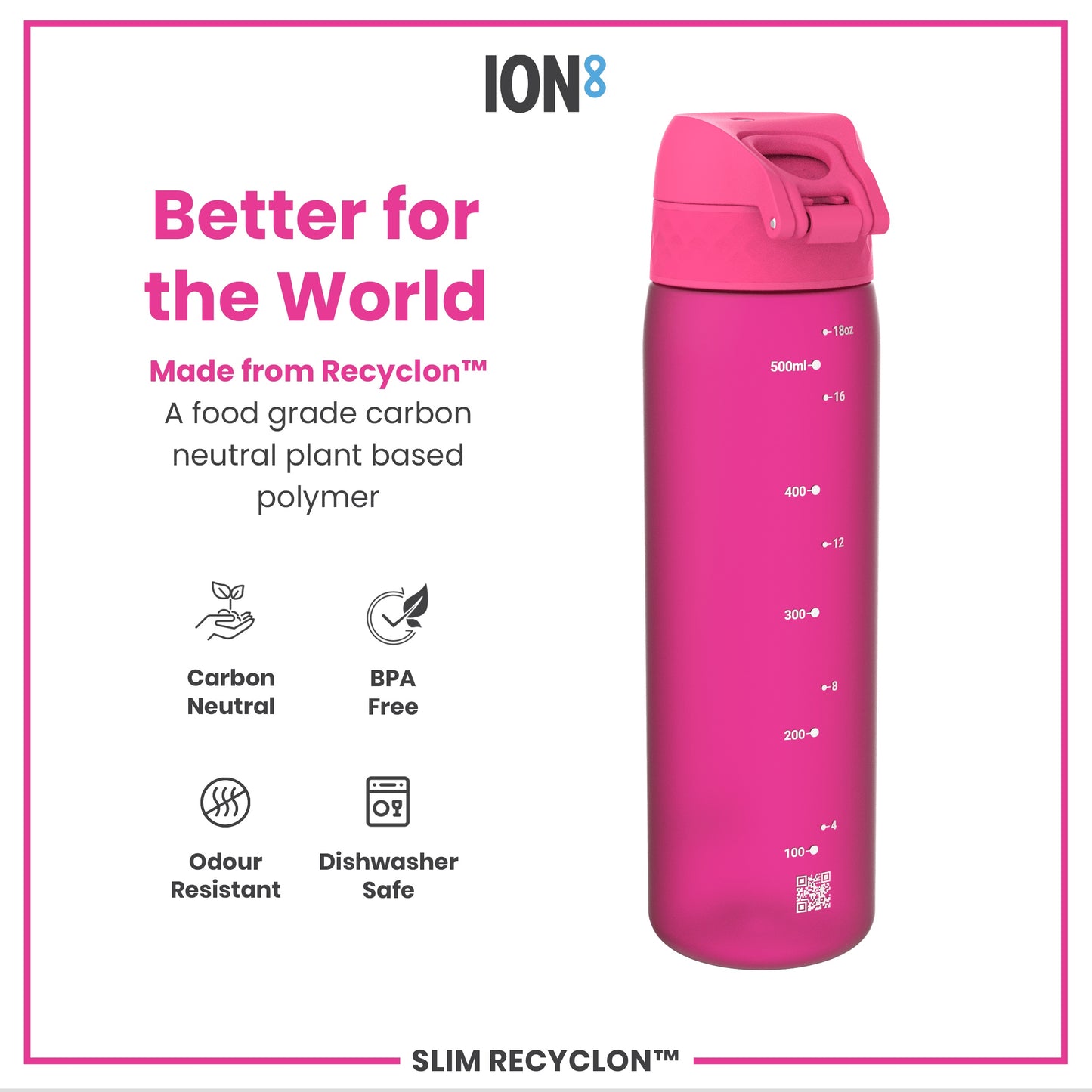 Leak Proof Slim Water Bottle, Recyclon, Pink, 500ml (18oz)