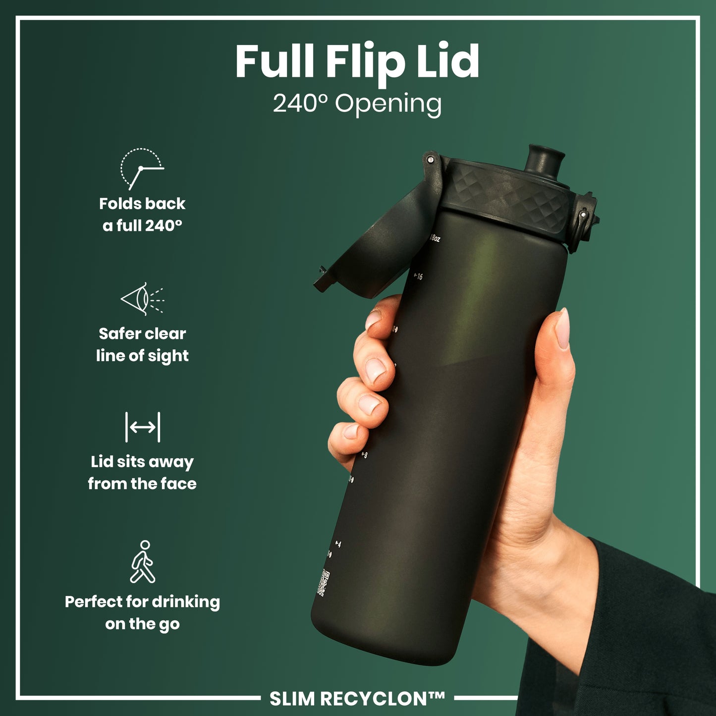 Leak Proof Slim Water Bottle, Recyclon, Dark Green, 500ml (18oz)