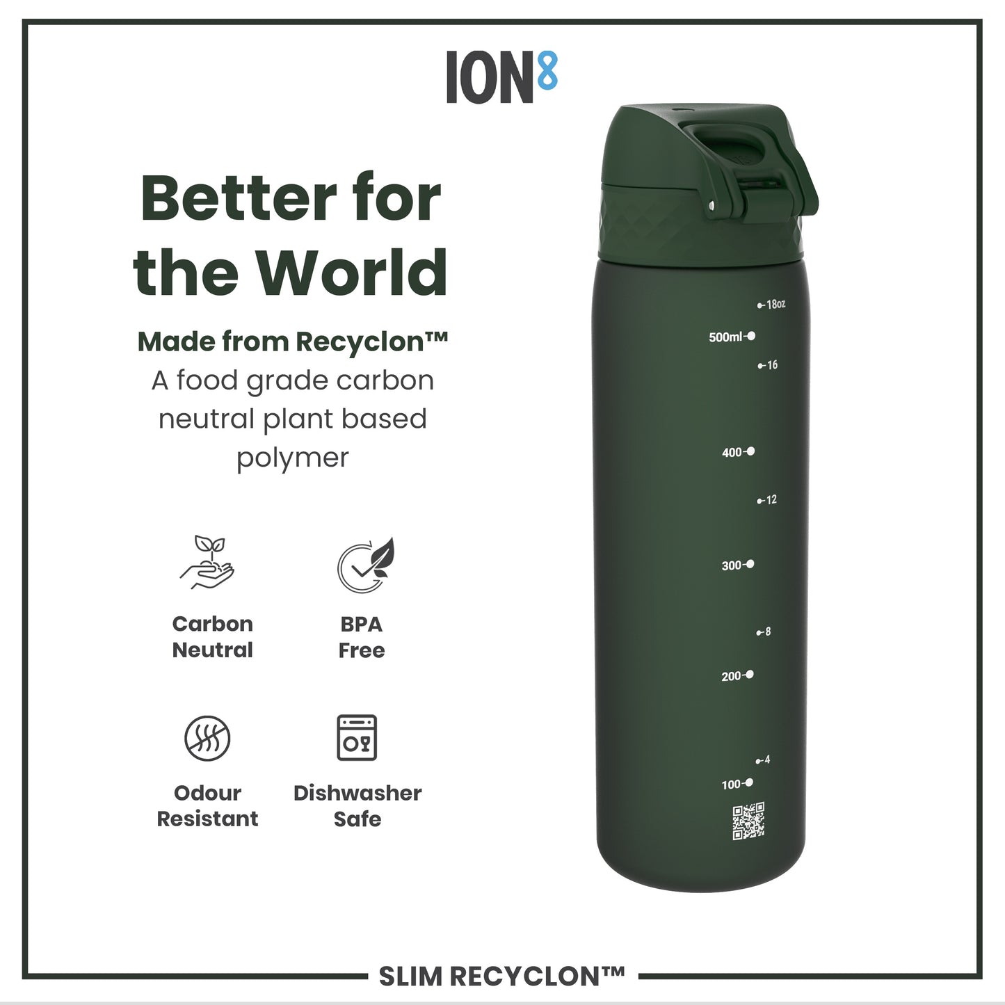 Leak Proof Slim Water Bottle, Recyclon, Dark Green, 500ml (18oz)