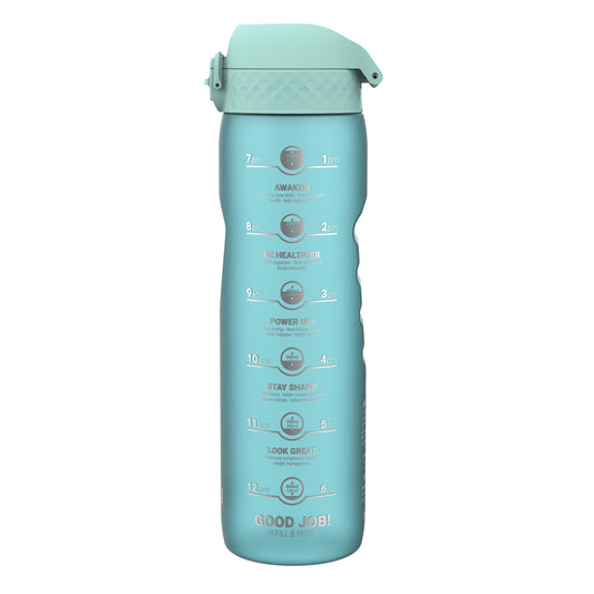 A teal water bottle, displaying hydration goals with corresponding times, stands against a white background.