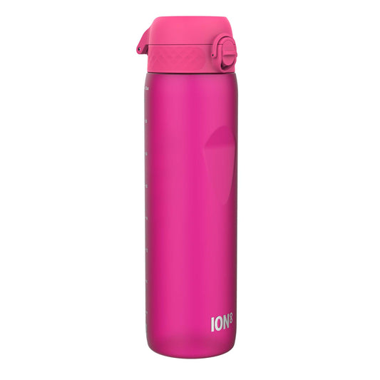 A pink water bottle stands against a white background. The bottle features a pink lid with a carrying loop and has the word "ION8" printed near its base.