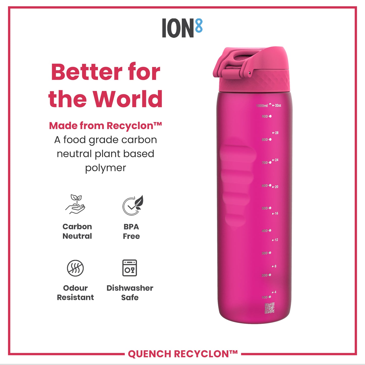 Leak Proof 1 litre Water Bottle, Recyclon, Pink