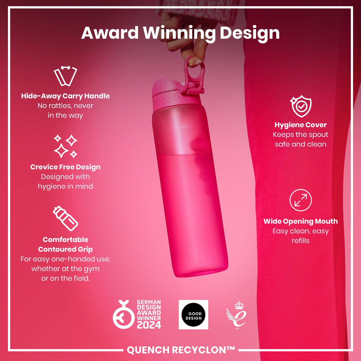 Leak Proof 1 litre Water Bottle, Recyclon, Pink