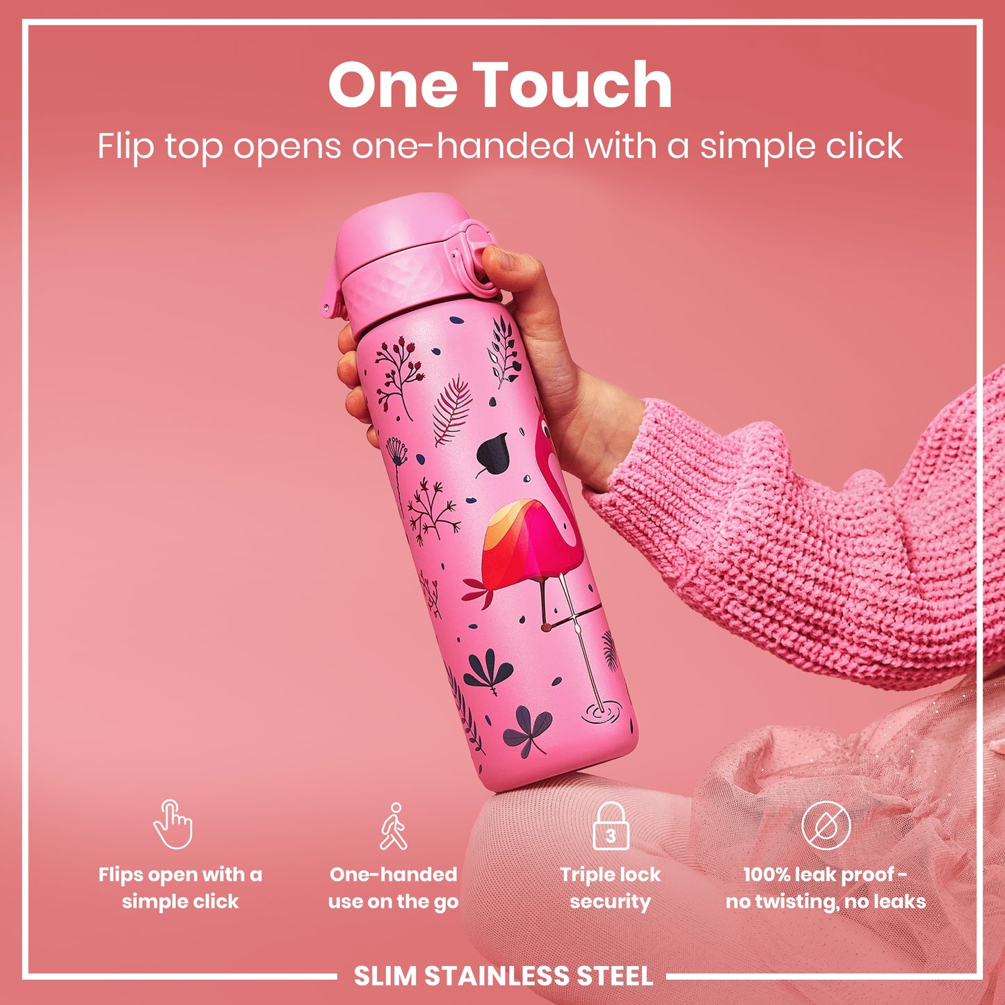 Leak Proof Slim Water Bottle, Stainless Steel, Flamingo, 600ml (20oz)