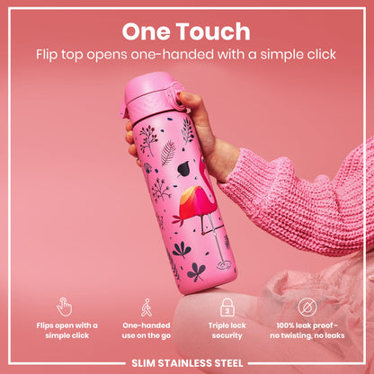 Leak Proof Slim Water Bottle, Stainless Steel, Flamingo, 600ml (20oz)