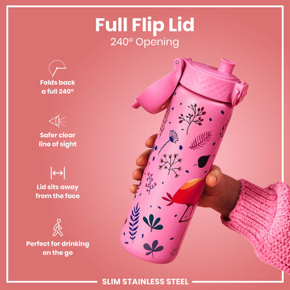 Leak Proof Slim Water Bottle, Stainless Steel, Flamingo, 600ml (20oz)