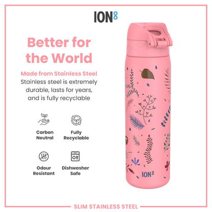 Leak Proof Slim Water Bottle, Stainless Steel, Flamingo, 600ml (20oz)