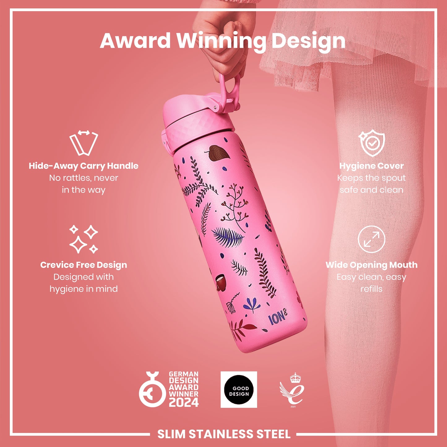 Leak Proof Slim Water Bottle, Stainless Steel, Flamingo, 600ml (20oz)