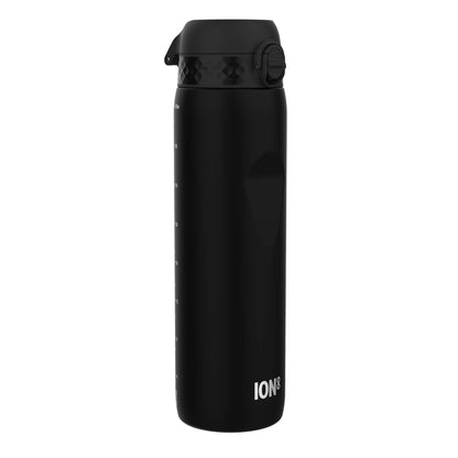 A black water bottle, standing upright, features a textured lid and a brand label reading "ION8". Measurement markings are visible on its side. The background is pure white.