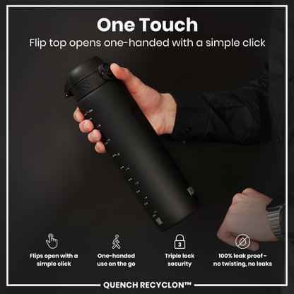 A black water bottle is being held; its flip top opens one-handed. The bottle shows ounce and milliliter measurements. The context is an advertisement highlighting ease of use and leakproof features. "One Touch," "Flips open with a simple click," "One-handed use on the go," "Triple lock security," "100% leak proof - no twisting, no leaks," and "QUENCH RECYCLON™" are featured text.