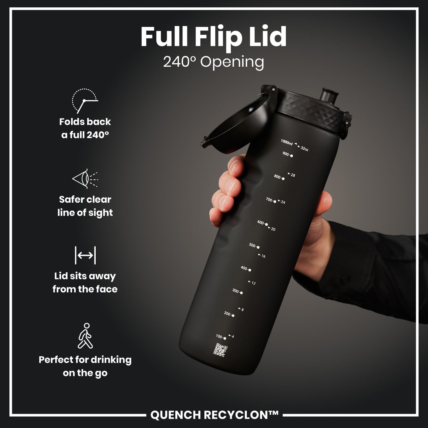 A black water bottle, with a flip lid that opens 240 degrees, is held by a person. The bottle has measurement markings in milliliters and ounces. The context is an advertisement highlighting the bottle's features.