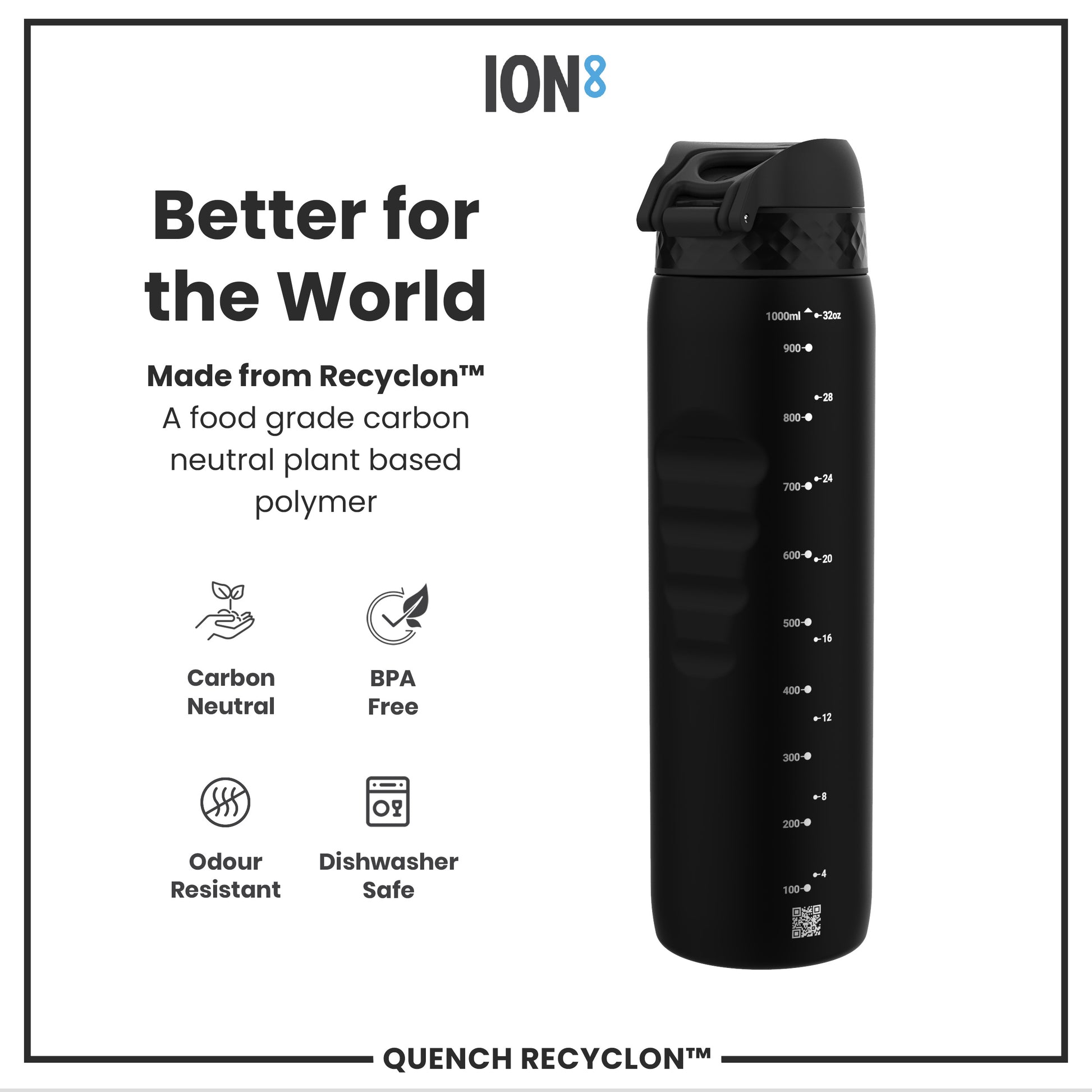 A black water bottle stands against a white background; it is made from a plant-based polymer and features volume markings.