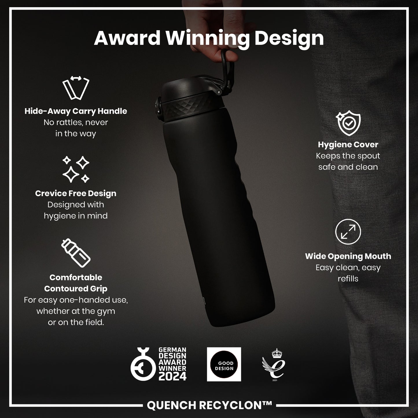 A black water bottle is being held; it features a hide-away handle, a crevice-free design, and a wide mouth. Award-winning design is highlighted.