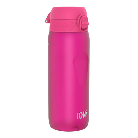 A pink ION8 water bottle sits against a white background. The bottle is cylindrical with a hinged, snap-top lid.