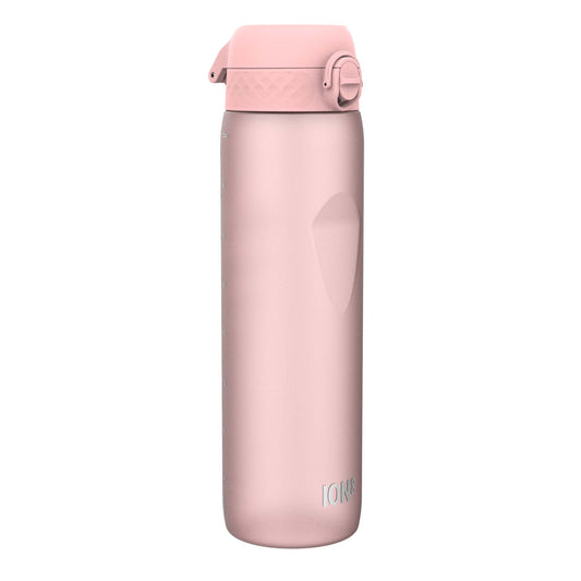 A pink ION8 water bottle stands upright against a white background. The bottle features a flip-top lid and ounce markings.