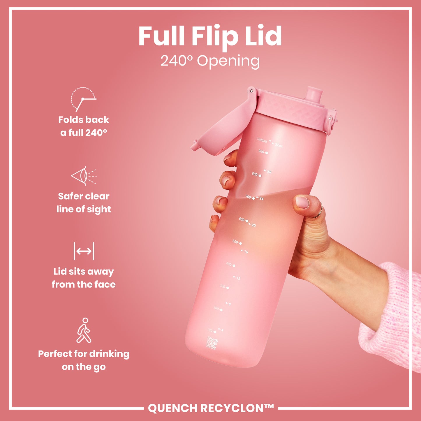 Leak Proof 1 litre Water Bottle, Recyclon, Rose Quartz