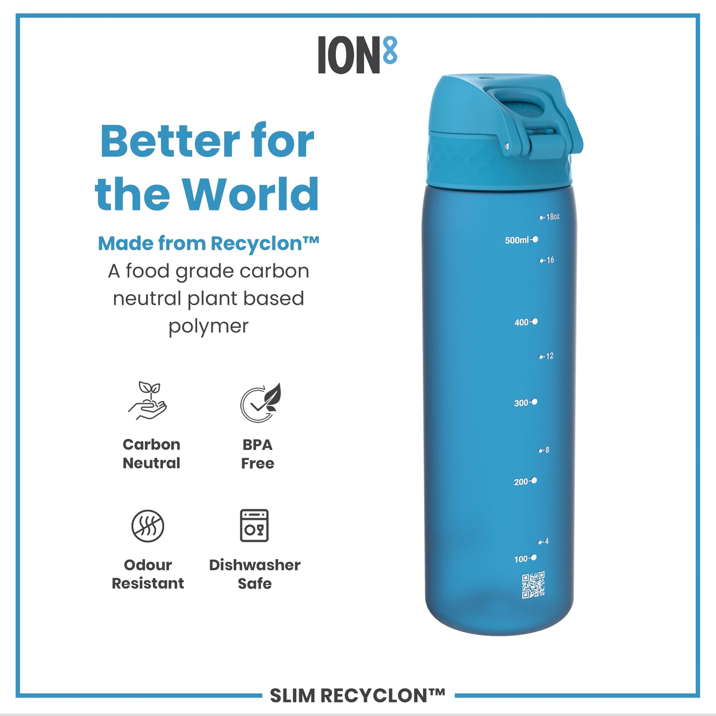 Leak Proof Slim Water Bottle, Recyclon, Blue, 500ml (18oz)