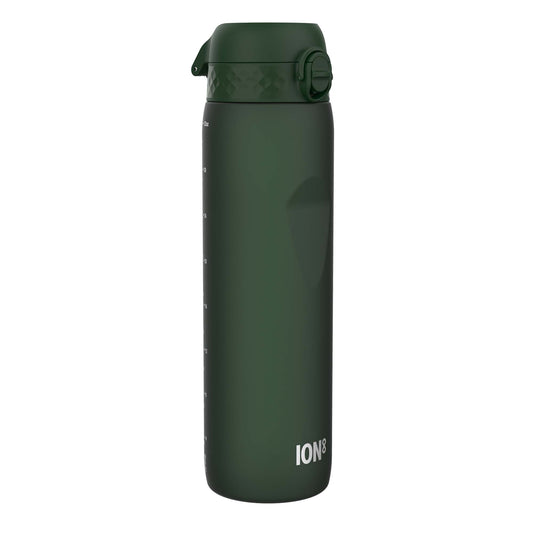 A dark-green water bottle stands upright against a white background. The bottle has a screw-top lid and oz markings. The brand "ION8" is visible near the base.