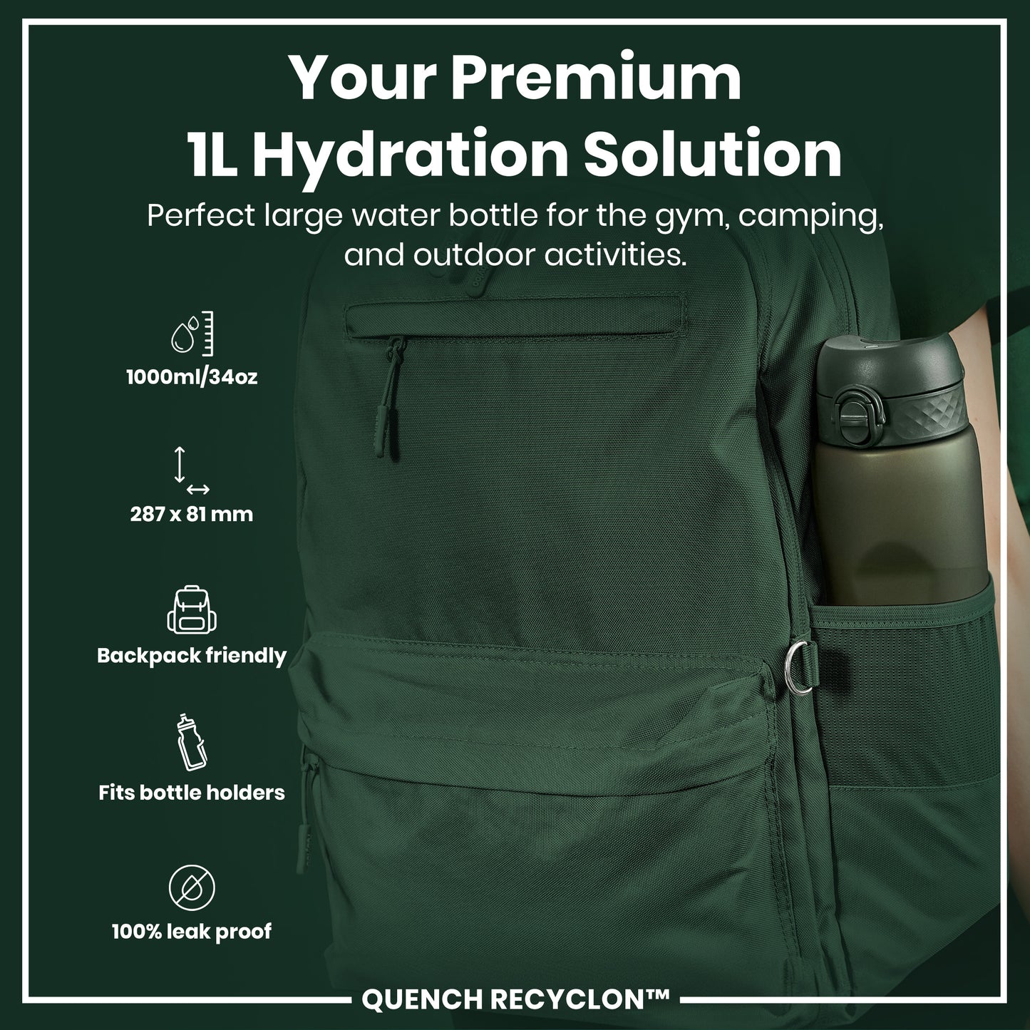 Leak Proof 1 litre Water Bottle, Recyclon, Dark Green