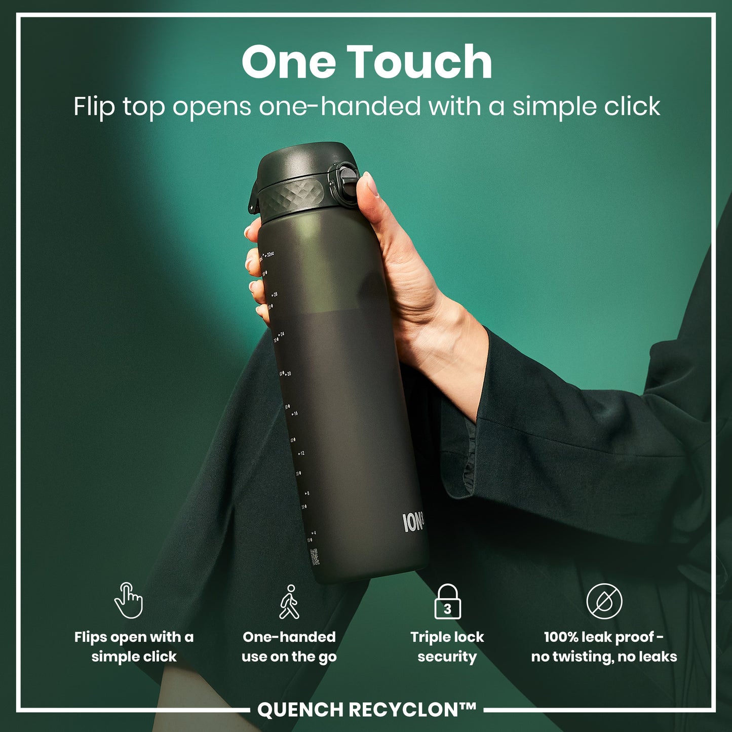 Leak Proof 1 litre Water Bottle, Recyclon, Dark Green