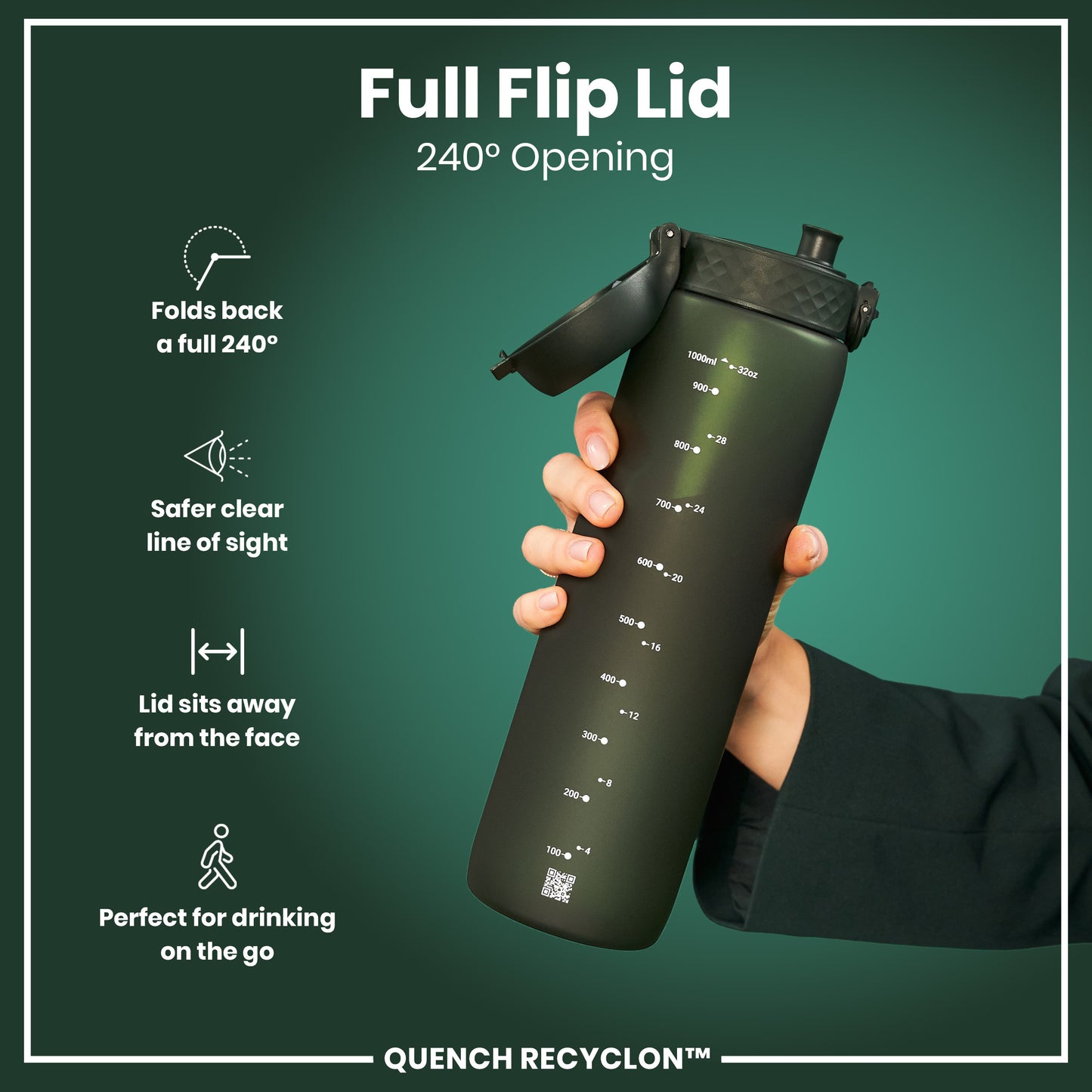 Leak Proof 1 litre Water Bottle, Recyclon, Dark Green