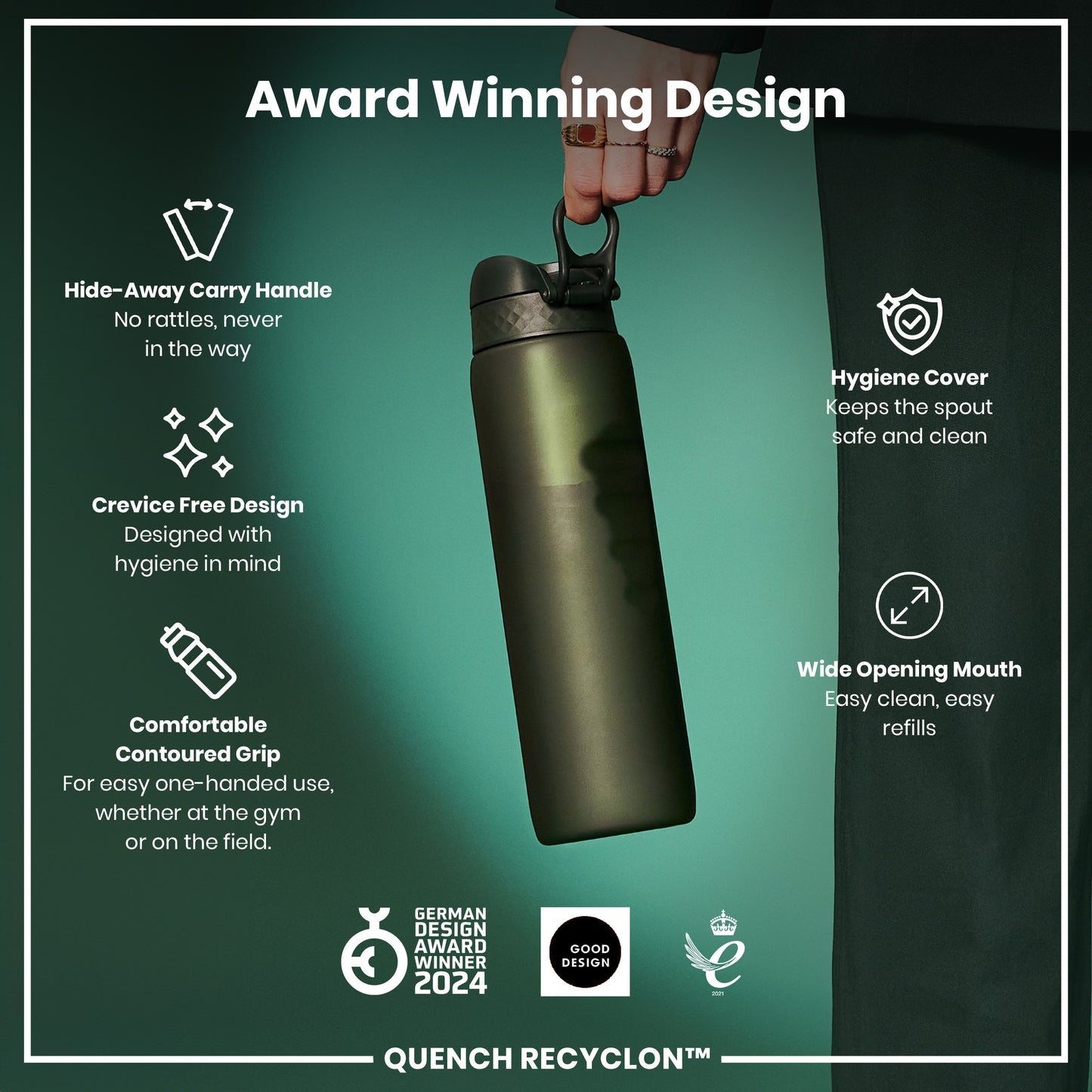 Leak Proof 1 litre Water Bottle, Recyclon, Dark Green