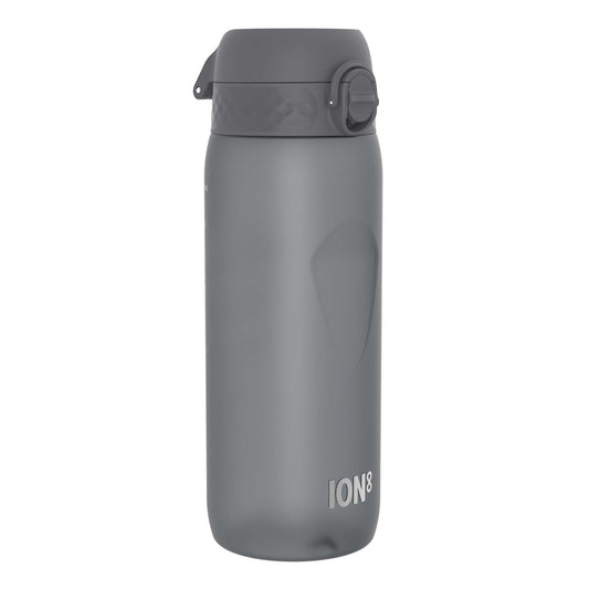 A dark gray water bottle sits on a white background. The bottle has a dark gray cap with a small loop handle and the word "ION8" is printed on the bottle.