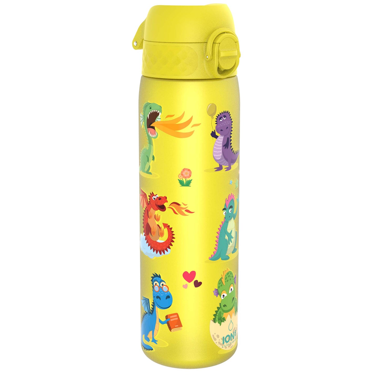 A yellow water bottle, featuring cartoon dragons, stands on a white background. The bottle is decorated with several dragons in various poses, including one breathing fire.