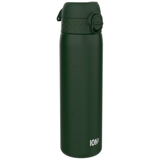 A dark-green water bottle stands upright against a white background. The bottle has a dark-green screw-top lid and the word "ION8" is printed near its base.